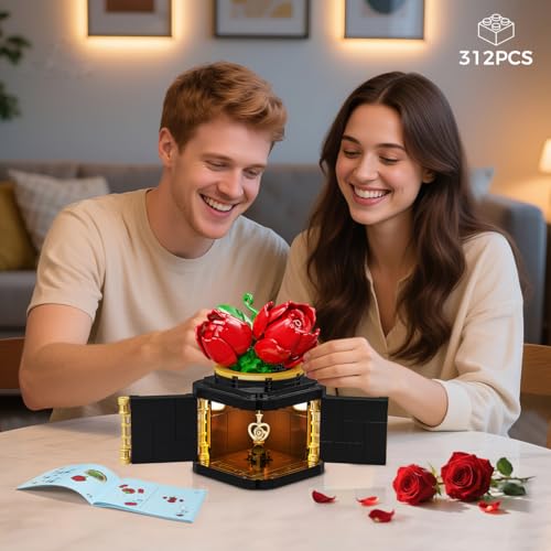 HOGOKIDS Flowers Box Building Set with LED & Necklace, for Mom/Wife, 312PCS Preserved Rose with Heart Necklace for Adults ...