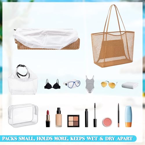 Hsei 3 Large Mesh Beach Bag Tote Set for Women, Khaki Collapsible Tote, Includes Waterproof Swimsuit Dry Bag & Clear Cosme...