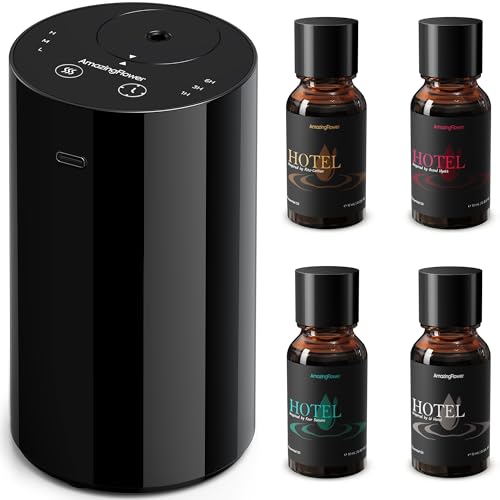 Waterless Essential Oil Diffuser Starter Kit with 4 x 10mL Hotel Scent Fragrance Oils, 3 Timer & 3 Mist Modes, Battery Ope...