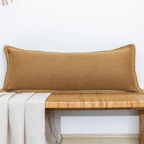 JoraLion Burlap Linen Lumbar Pillow Cover 14 x 36 inch, Trimmed Tailored Edges Cushion Cover Farmhouse Modern Decorative P...