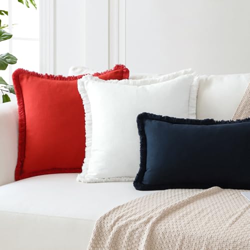 OTOSTAR Set of 2 Linen Fringe Decorative Throw Pillow Covers 24x24 Inch Soft Accent Cushion Covers with Tassels Boho Farmh...