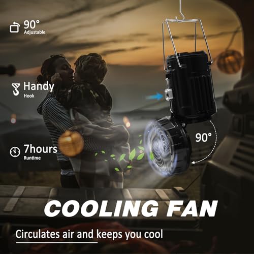 2-Pack Solar Camping Fan w/ Lantern, DIBMS Collapsible Solar Powered USB Rechargeable & Battery Powered Emergency Hanging ...