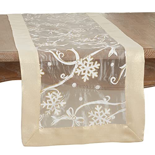SARO LIFESTYLE Felicity Collection Printed Snowflake and Ribbon Table Runner, 16"x72", Gold