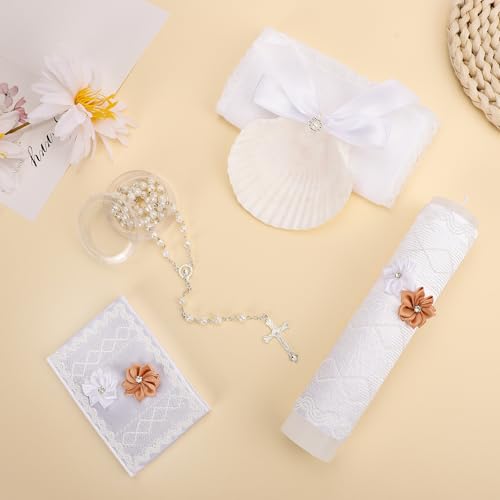 5 PCS Baptism Candle Set for Boys and Girls,Baptism Kit Catholic Candle,Towel,Shell,Rosary andBible for Baptismal Christen...