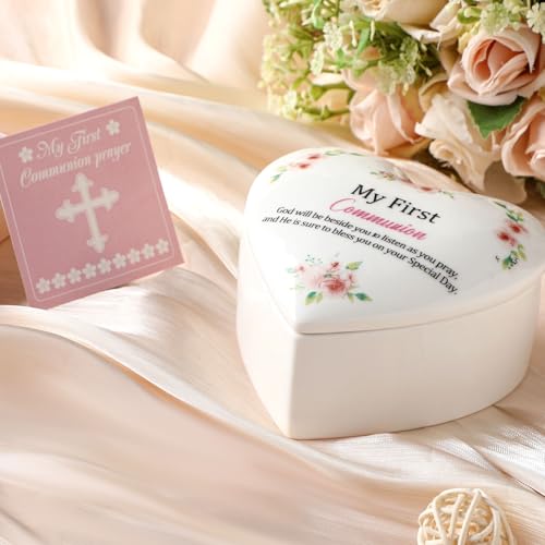 Funtery First Communion Gifts for Girls Ceramic Jewelry Keepsake Box with a Pray Card 1st Holy Communion Gifts for Girls B...