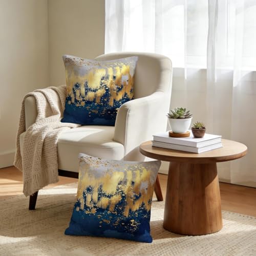 Weiscode Navy Blue and Gold Pillow Covers 18 x 18 inch Set of 2 Decorative Cushion Covers Blue and Gold Square Pillowcases...