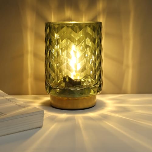 LUSHARBOR Battery Operated Table Lamp, Small Green Glass Lamp Bedside Decor Ambient, Cordless Table Lamp for Bookshelf Des...