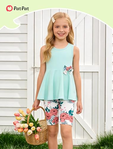 PATPAT Girls Summer 2 Piece Outfits 4-12Y Butterfly Bow Sleeveless Tunic Tops and Floral Print Shorts Cute Clothes