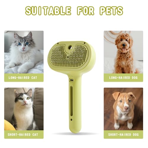 Cat/Dog Grooming Brush with Steamer - Deshedding Brush for Pet Hair, Bath Brush with Water Spray and Hair Comb (Yellow)