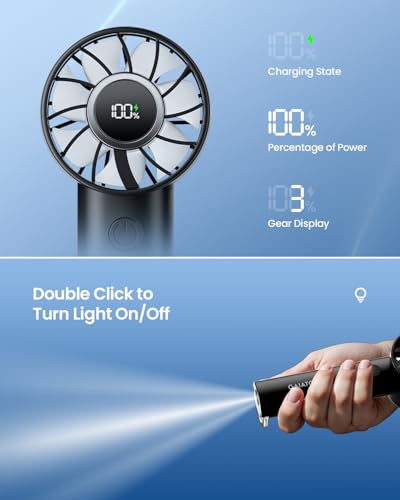 Gaiatop Portable Mini Fan, 3 Speed Handheld Fans with Power Display Flashlight, USB Rechargeable Battery, Lightweight Pers...