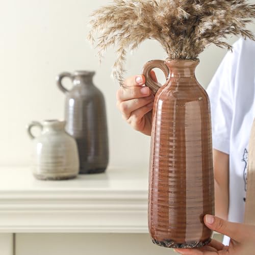 Ceramic Vases Set of 3, Neutral Rustic Farmhouse Vase with Handle, Decorative Flower Vases Home Decor Modern Boho Pampass ...