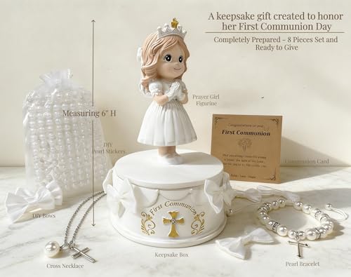 WANCHIY First Communion Gifts for Girls - 1st Holy Communion Gift with Prayerful Girl Figurine, Keepsake Box & Pearl Brace...