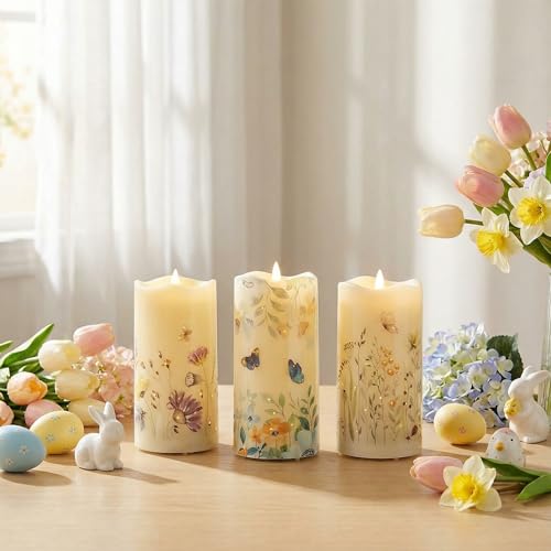 Eywamage Fiber Optic Flameless Pillar Candles with Remote Set of 3, Butterfly Floral Spring LED Candles Battery Operated Φ...