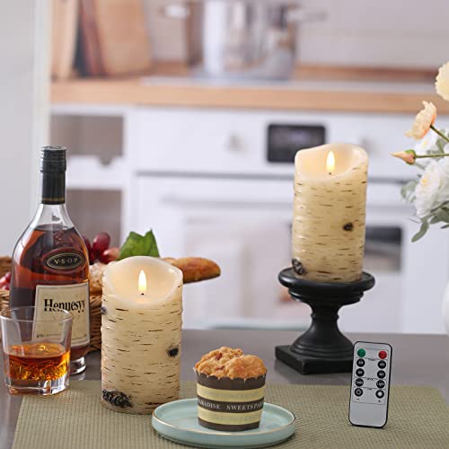 Flameless Candles LED Candles Birch Bark Effect Set of 2 (D:3.25" X H:6") Ivory Real Wax Pillar Battery Operated Candles w...