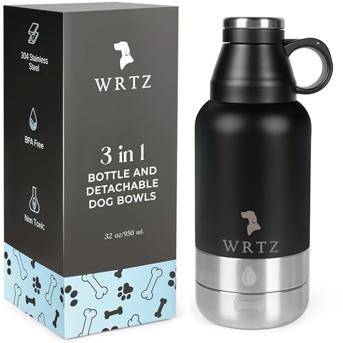 WRTZ Portable Dog Water Bottle with 2 Removable Water Bowls for Dogs – Leak-Proof Insulated Stainless Steel Dog Water Bott...
