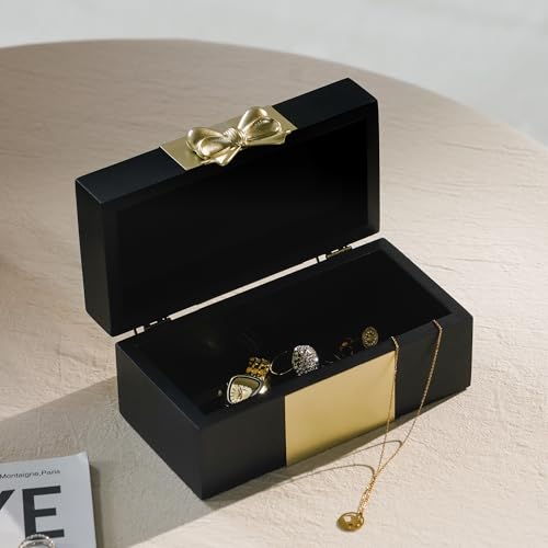 Synovana Wooden Keepsake Box - Black & Gold Boxes with Bow Accent, Decorative Storage Gift Box for Jewelry Love Letters Ph...