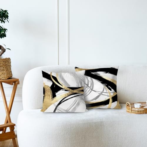Supwhd Black White and Gold Pillow Covers, Abstract Black and Gold Pillow Covers 18x18 Set of 2, Modern Boho Home Decor, B...