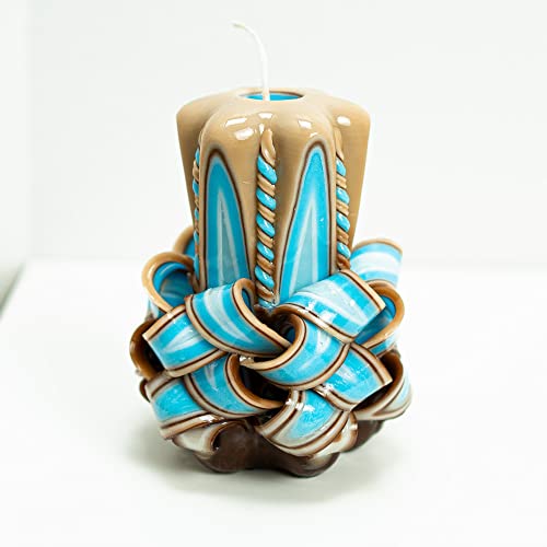 Carved Candle Artisan Handmade Decorative Dipped Candle 5 inch Blue Brown Fall Thanksgiving New Year Christmas Holiday Sea...