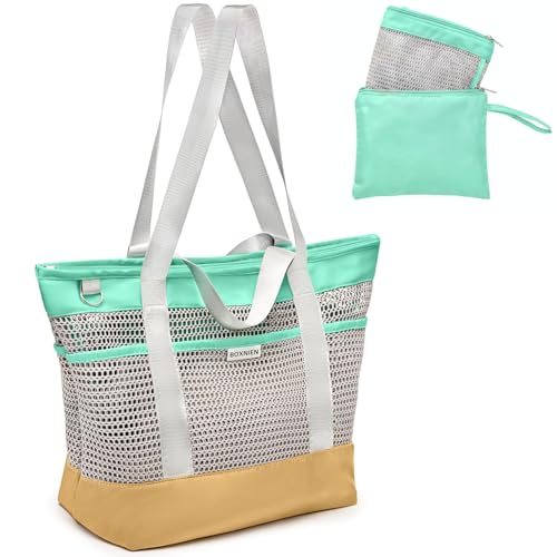 BOXNIEN Mesh Beach Bag for Women - Large Foldable Tote with Waterproof Sandproof Bottom plus Zippered Top and 7 Pockets Li...
