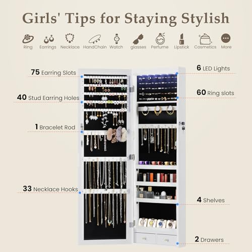 DUMOS 6 LEDs Mirror Jewelry Cabinet, Wall or Door Mounted Jewelry Organizer, 47.2-Inch Tall Lockable Large Capacity Cosmet...
