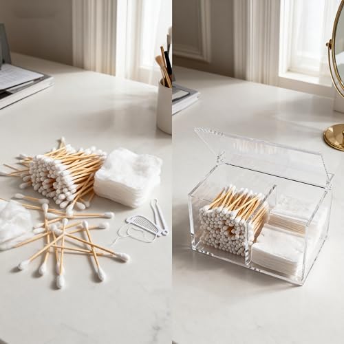 Dealpoli Clear Acrylic Cotton Swab Ball Holder Qtip Organizer with Lid 2-Grid Canister for Make Up Pads, Floss Picks, Vani...