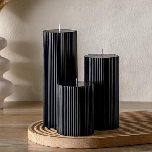 Conelist Ribbed Pillar Candles Set of 3, Width 3" High 4" 6" 8" Large Soy Wax Orchids Scented Pillar Candles Aesthetic Rib...