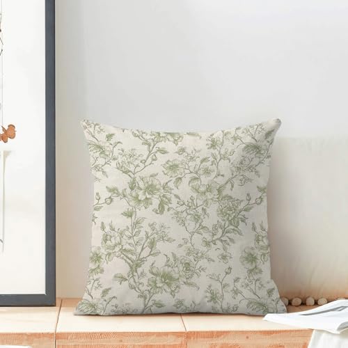 Sorktse Vintage Sage Green Pillow Covers 18x18 Set of 2 Chinoiserie Floral Throw Pillows Light Green Flower Pillowcase Lin...