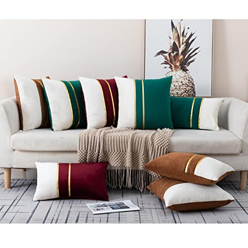ZLINA Set of 2 Velvet Decorative Throw Pillow Covers Black White Patchwork with Gold Leather Pillow Covers 18 × 18 Inch Cu...