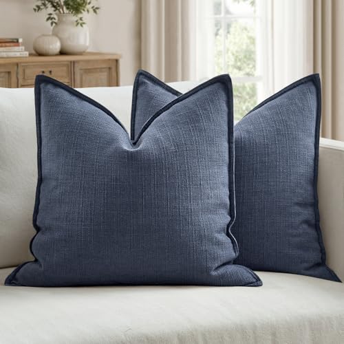 MIULEE Pack of 2 Thick Textured Couch Throw Pillow Covers, Navy Blue Decorative Pillow Covers 20x20, Neutral Linen Cushion...