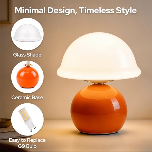Komothala Mushroom Table Lamp for Bedroom, Cozy Bedside Lamp with Glass Shade, Stepless Dimmable Nightstand Lamp for Relax...