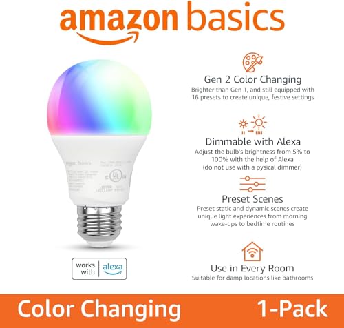 Amazon Basics Smart A19 LED Light Bulb, Color Changing, 9W (60W Equivalent), 800LM, Works with Alexa Only, WiFi 2.4 GHz, N...
