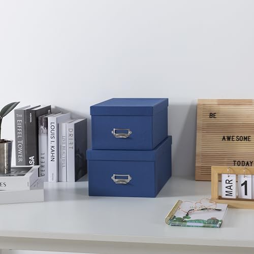 Soul & Lane Blue Decorative Cardboard Storage Boxes with Lids, Set of 2 Stacking Keepsake Photo and Memory Boxes for Home...