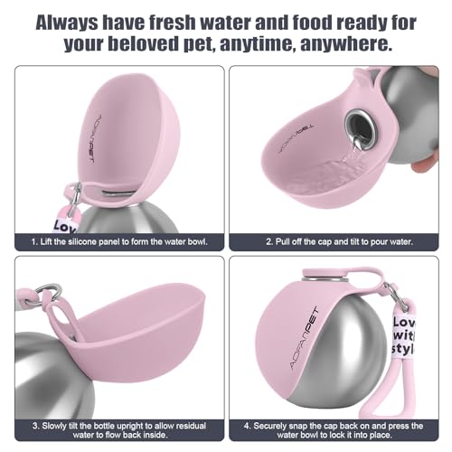 AOFANPET Portable Dog Water Bottle 10oz Stainless Steel Travel Dog Water Dispenser with Bowl No-Spill Puppy Water Bottle f...