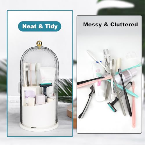 QIYVLOS Toothbrush Holders with Sliding Lid, Rotating 3 Slots Bathroom Organizer Countertop, Tooth Brush Toothpaste Holder...