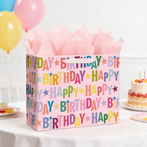 Yusenguan 13" Pink Happy Birthday Gift Bag, Colorful Lettering Design with Card, Tissue Paper and Sturdy Handles for Kids...
