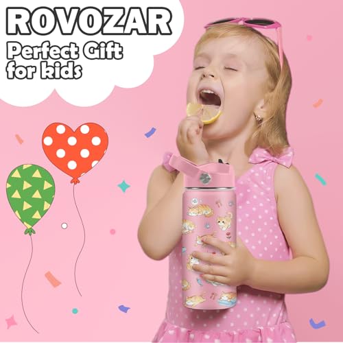 ROVOZAR Cat Water Bottle for Girls - 16oz Cat Stainless Steel Water Bottle with Straw - Cute Cats Insulated Cup - Pink Cat...