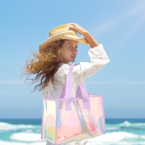 Clear Large Tote Bag for Women 26L Waterproof Iridescent Shoulder Handbags for Work Gym Pool Cruise Beach with Phone Pouch
