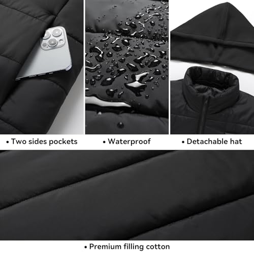 CHANGEOWN Men Heated Vest with 14 Heating Zones Dual Control Electric Heating Vest with Detachable Hood, Battery Not Included