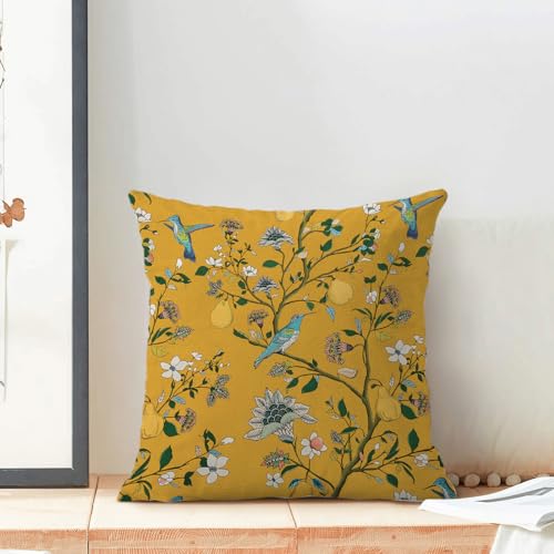 Vintage Mustard Yellow Floral Pillow Covers 20x20 Inch Set of 2 Boho Blue Hummingbird Wildflower Throw Pillows Spring Summ...