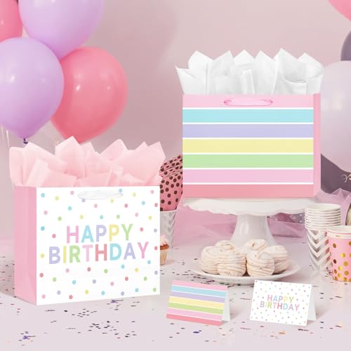 2-Pack 13" Large Happy Birthday Gift Bags Party with Tissue Paper, Cards for Girls Women Birthday Party Favors Wrap