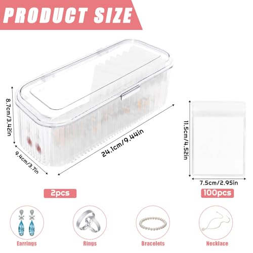Wensdr 2 Packs Acrylic Jewelry Box with 100pcs PVC Portable Anti Oxidizing Zipper Bags Flip Lid Jewelry Organizer for Earr...