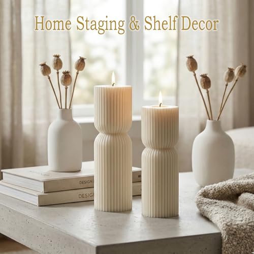 Aesthetic Sandalwood Scented Candles,Ribbed Pillar Candle Set of 2 (7.87" & 9.05" Tall), Natural Soy Wax Minimalist Geomet...