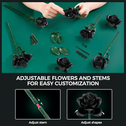 CLMTAS 12 PCS Black Roses Bouquet Building Set, Eternal Artificial Flowers, Gothic Retro Botanical Collection Decor Flowe...