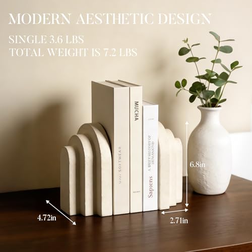 Havmorph Book Ends for Heavy Books, Beige Modern Pleasing Layered Arch Design Aesthetic Bookend Decorative, Concrete Book ...
