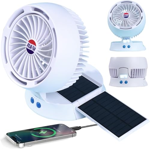 Estensoe Rechargeable Camping Fan with Light - Solar Powered, USB/Battery Operated with Remote, 10400mAh, 4-Speed Adjustab...