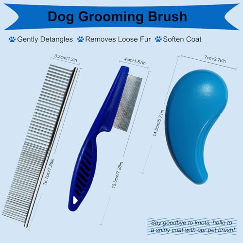 MAEELOU 3 PCS Puppy Brush Grooming Kit, Stainless Steel Flea Comb, Fit for Yorkie, Shih Tzu, Maltipoo, Soft Bristle (Blue)