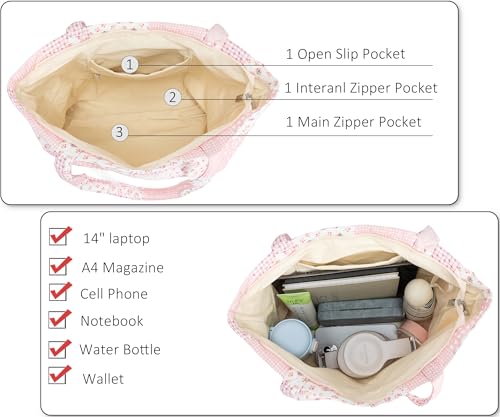 Ecohaso Quilted Tote Bag for Women, Cute Tote Bag with Top Zipper for College Work Travel Casual Shoulder Bag Purse handbags