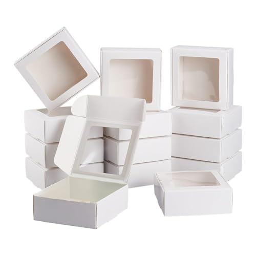 BENECREAT 20 Pack White Kraft Paper Boxes with Clear Window 3.6x3.6x1.4 Gift Packaging Boxes for Bakery Cookies Cake Candy...