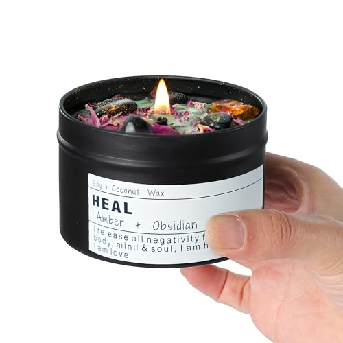 Obsidian Crystal Energy Candle, Good Aura Health Protection, Baltic Amber Chakra Magic Self-Care, Emotional Support, Encou...
