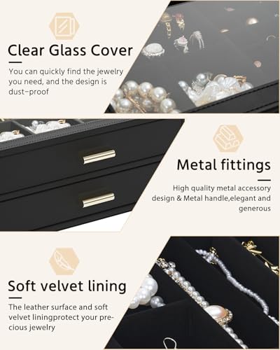 AKOZLIN Jewelry Box with Clear Lid Functional Leather Jewelry Storage Organizer Case 2 Drawers for Women Girls Necklace Ri...